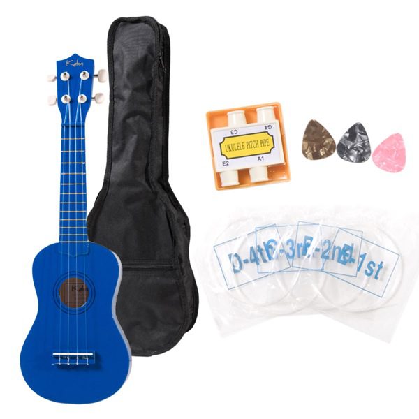 Blue ukulele with accessories including picks, strings, and a carrying case.