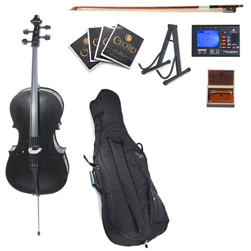 Complete cello set with accessories including bow, case, and music stand.