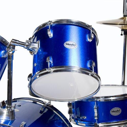Close-up of blue drum set components with a reflective finish.