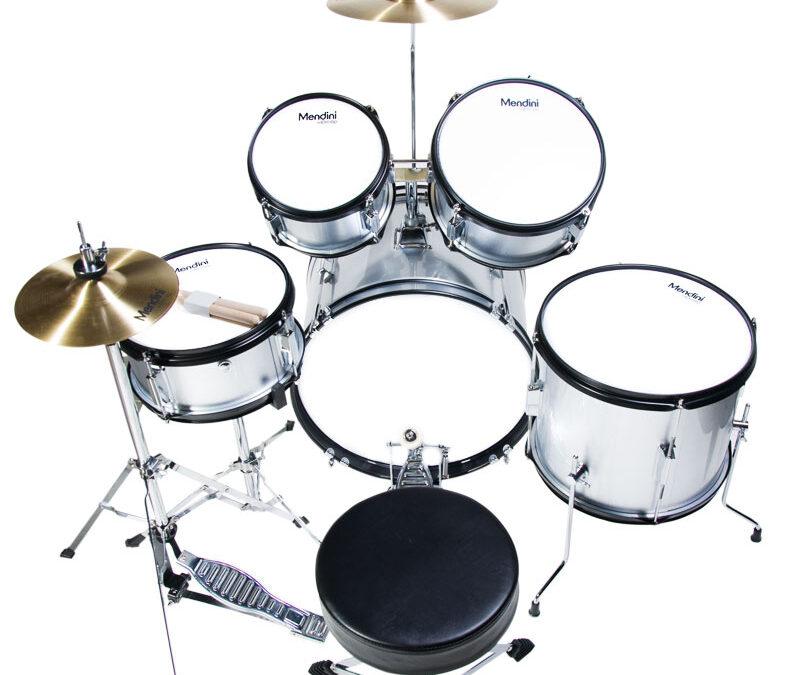A compact drum set with cymbals and a black stool.