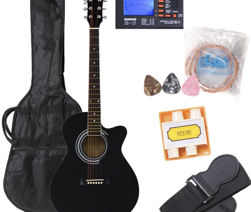 Complete black acoustic-electric guitar set with accessories.