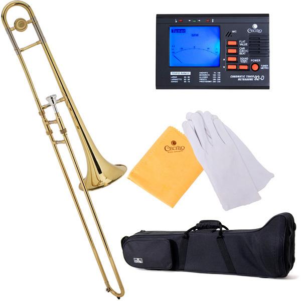 Trombone set with cleaning cloths, case, and tuner.