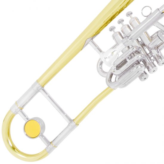Close-up of a yellow and silver trombone.