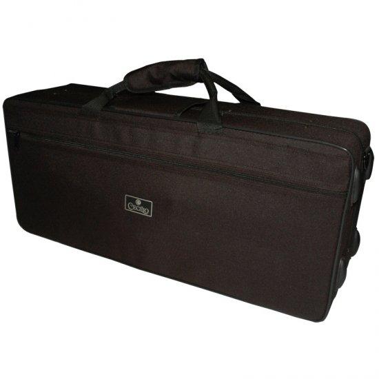 Black rectangular carrying case with handles and zipper.
