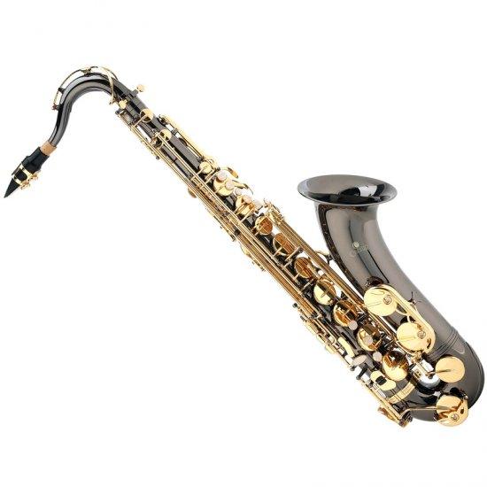 A shiny black and gold saxophone on a white background.