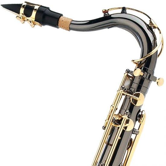 Close-up of a black and gold alto saxophone neck and keys.