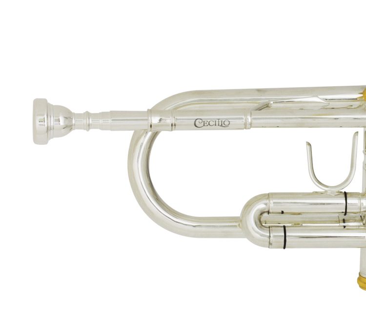 Close-up of a silver trumpet mouthpiece and tubing.