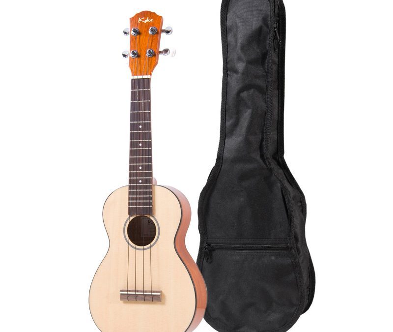 A wooden ukulele with a black carrying case.