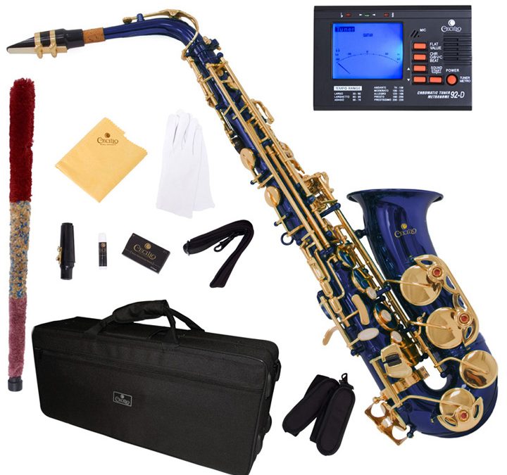 Blue alto saxophone with accessories and carrying case.