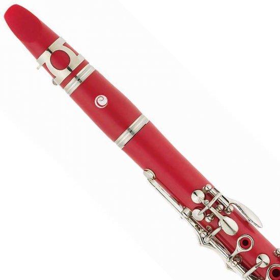 A red clarinet with silver keys on a white background.