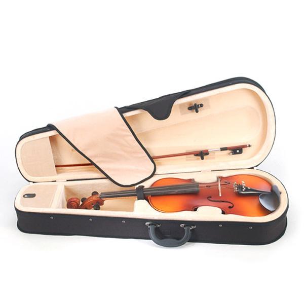 Violin resting in an open beige case with bow.