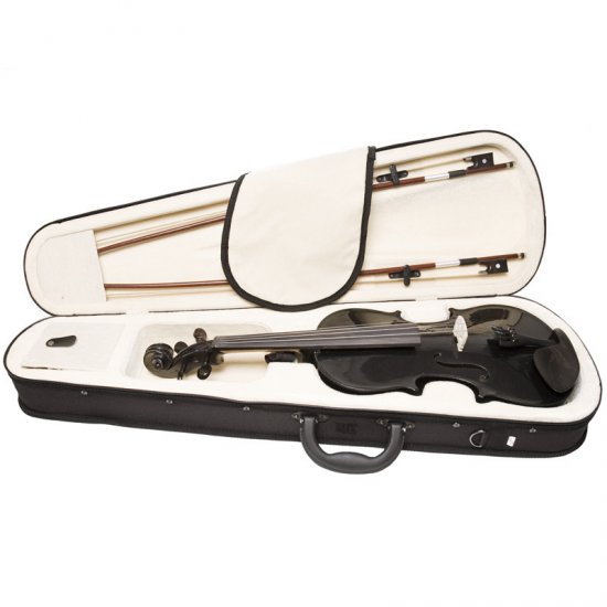 A violin inside an open black case with a white interior.