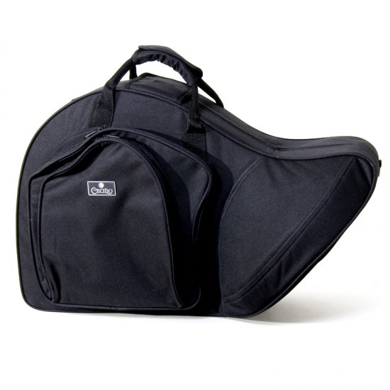 Black padded gig bag for a trumpet with a front pocket.