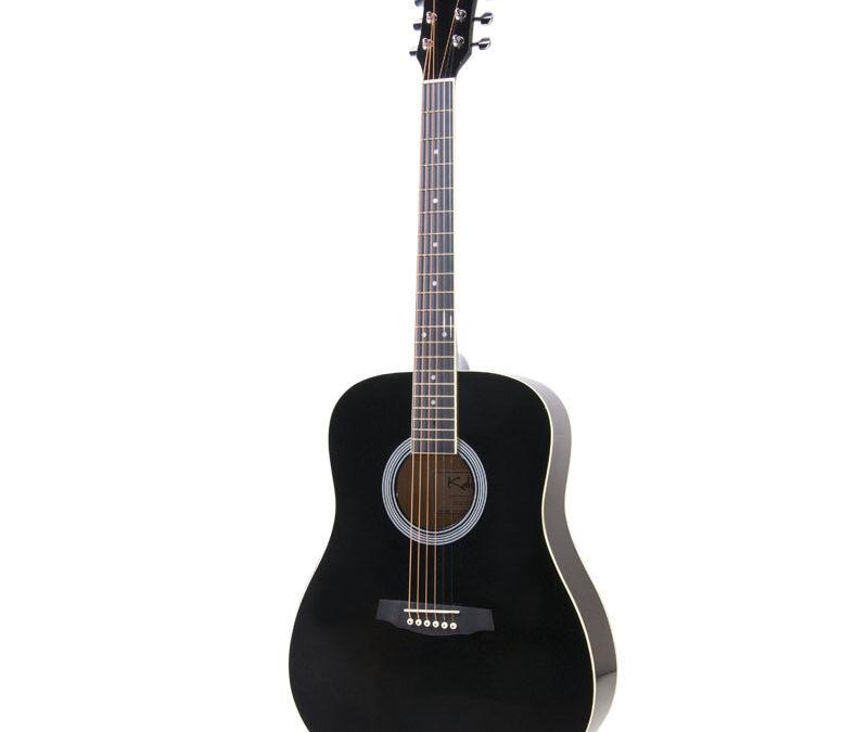Black acoustic guitar with a wooden neck and six strings.