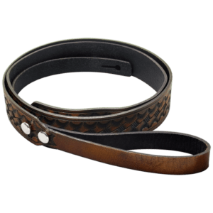 Brown leather dog leash with metal rivets and a comfortable handle.